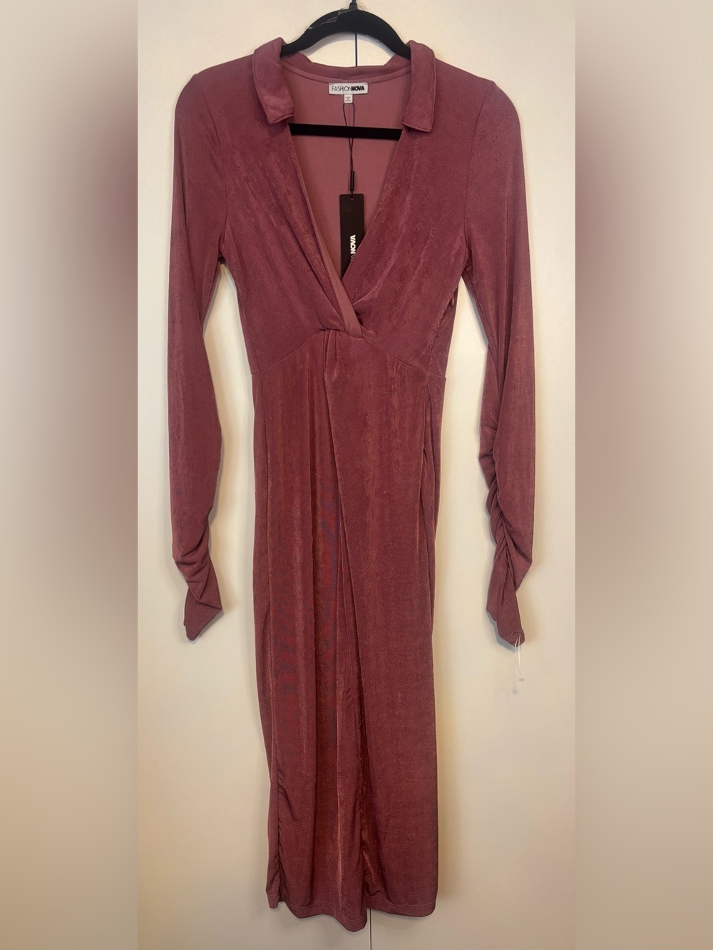 Fashion Nova Dusty Rose Wrap-Front Long Sleeve Dress